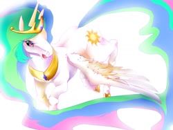 Size: 1400x1050 | Tagged: safe, artist:nabe, princess celestia, alicorn, pony, crown, female, horn, mare, multicolored mane, multicolored tail, solo, white coat, white wings, wings