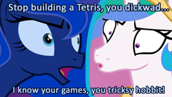 Size: 845x475 | Tagged: safe, screencap, princess celestia, princess luna, alicorn, pony, image macro, tetris, the freelance astronauts, two best sisters play, vulgar