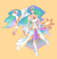 Size: 800x829 | Tagged: safe, artist:gomigomipomi, princess celestia, human, pony, clothes, crown, dress, hair over one eye, human ponidox, humanized, jewelry, regalia, simple background, staff, yellow background