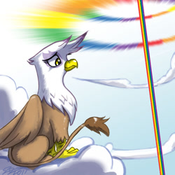 Size: 900x900 | Tagged: safe, artist:johnjoseco, derpibooru import, gilda, griffon, cloud, female, sitting, solo, sonic rainboom