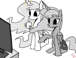 Size: 650x500 | Tagged: safe, artist:taco-slayer, princess celestia, princess luna, alicorn, pony, coffee, magic, monochrome, morning ponies, simple background, television