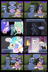 Size: 2000x2978 | Tagged: safe, artist:mlp-silver-quill, caramel, derpy hooves, princess celestia, twilight sparkle, twilight sparkle (alicorn), oc, oc:clutterstep, alicorn, cyclops, gorgon, pony, comic:a princess' tears, alas poor yorick, canon x oc, comic, crying, dead, female, hamlet, labyrinth, male, mare, peach dream, skeleton, skull, stallion, top tier, tron