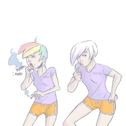 Size: 800x800 | Tagged: safe, artist:thereturnofmuabo, derpibooru import, gilda, rainbow dash, human, 2010s, 2012, cigarette, clothes, coughing, duo, duo female, female, gym shorts, hand on hip, humanized, multicolored hair, rainbow hair, sexy, shirt, shorts, smoking, sultry pose, t-shirt, white hair