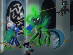 Size: 1600x1200 | Tagged: dead source, safe, artist:angelstar7, princess luna, queen chrysalis, alicorn, changeling, changeling queen, pony, female, lightning, rope