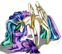 Size: 1076x952 | Tagged: safe, artist:egophiliac, artist:strange-shadow, princess celestia, twilight sparkle, alicorn, pony, unicorn, colored, eyes closed, female, mare, nuzzling, prone, simple background, transparent background