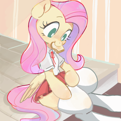 Size: 800x800 | Tagged: safe, artist:jus+ice, fluttershy, pegasus, pony, semi-anthro, blushing, bread, clothes, cute, female, food, mouth hold, school uniform, shyabetes, skirt, socks, solo, thigh highs, thighs, thunder thighs, toast