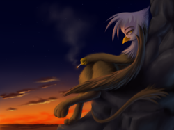 Size: 3333x2499 | Tagged: safe, artist:swaetshrit, derpibooru import, gilda, griffon, cigarette, detailed, high res, smoking, sunset