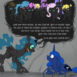 Size: 800x800 | Tagged: safe, artist:caycowa, princess luna, queen chrysalis, alicorn, changeling, changeling queen, pony, cave, chains, insanity