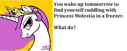 Size: 598x245 | Tagged: safe, artist:johnjoseco, princess celestia, alicorn, pony, bedroom eyes, bronybait, forced fetish, freezer, freezer fetish, meme, princess molestia, solo, text, what do