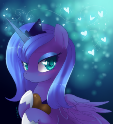 Size: 550x600 | Tagged: dead source, safe, artist:loyaldis, princess luna, alicorn, pony, blushing, chocolate, chocolate heart, cute, female, heart, heart eyes, s1 luna, solo, wingding eyes