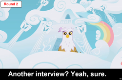 Size: 1024x671 | Tagged: safe, derpibooru import, gilda, griffon, comic:celestia's servant interview, caption, cloud, cloud house, interview, meta, solo