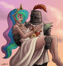 Size: 1192x1236 | Tagged: safe, artist:pluckyninja, princess celestia, human, armor, barefoot, bridal carry, carrying, clothes, crossover, dark souls, dress, fantasy class, feet, female, frown, human male, humanized, jolly cooperation, knight, male, open mouth, praise the sun, solaire of astora, warrior