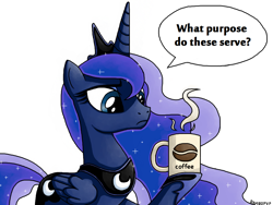 Size: 1024x768 | Tagged: safe, artist:rambopvp, princess luna, alicorn, pony, coffee, coffee mug, dialogue, female, hoof hold, mare, mug, simple background, skeptical, solo