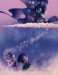 Size: 1400x1800 | Tagged: dead source, safe, artist:loyaldis, princess luna, twilight sparkle, unicorn twilight, alicorn, pony, unicorn, female