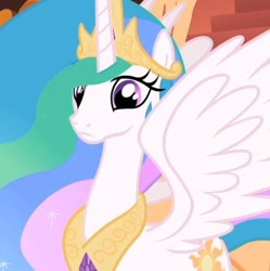 Size: 404x405 | Tagged: safe, screencap, princess celestia, alicorn, pony, bust, crown, female, horn, mare, multicolored mane, solo, white coat