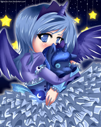 Size: 600x752 | Tagged: dead source, safe, artist:rebecka-chan, princess luna, alicorn, human, clothes, crown, female, jewelry, plushie, regalia