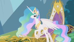 Size: 1280x720 | Tagged: safe, screencap, princess celestia, alicorn, pony, swarm of the century, crown, ethereal mane, female, hoof shoes, jewelry, lidded eyes, mare, out of context, peytral, regalia, solo