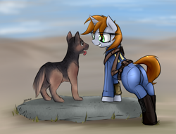 Size: 5251x4003 | Tagged: safe, artist:jetwave, oc, oc only, oc:littlepip, dog, pony, unicorn, fallout equestria, absurd resolution, boots, clothes, dock, dogmeat, fallout, fallout 4, fanfic, fanfic art, female, grin, hooves, horn, jumpsuit, mare, open mouth, pipbuck, pipbutt, plot, smiling, solo, teeth, the ass was fat, tight clothing, tongue out, vault suit, wasteland