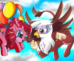 Size: 659x548 | Tagged: dead source, safe, artist:aurora-chiaro, derpibooru import, gilda, pinkie pie, earth pony, griffon, pony, balloon, duo, duo female, female, flying