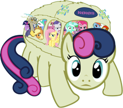 Size: 1000x880 | Tagged: safe, applejack, bon bon, discord, fluttershy, lily, lily valley, lyra heartstrings, pinkie pie, princess celestia, princess luna, rainbow dash, rarity, spike, sweetie drops, twilight sparkle, alicorn, chicken, dragon, earth pony, pegasus, pony, unicorn, bonbonbus, catbus, my neighbor totoro, parody, wat