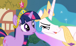 Size: 1159x708 | Tagged: safe, screencap, princess celestia, twilight sparkle, alicorn, pony, unicorn, big crown thingy, element of magic, female, jewelry, mare, out of context, regalia