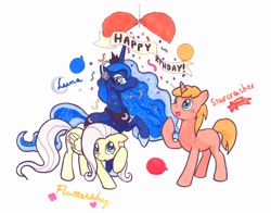 Size: 1154x906 | Tagged: safe, fluttershy, princess luna, oc, alicorn, pegasus, pony, unicorn, balloon