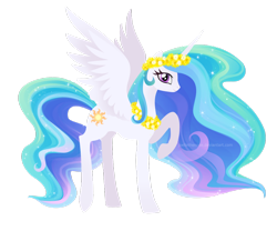 Size: 1024x853 | Tagged: safe, artist:joellethenose, princess celestia, alicorn, pony, female, flower, lei, lineless, looking at you, mare, profile, raised hoof, raised leg, simple background, smiling, solo, spread wings, wings