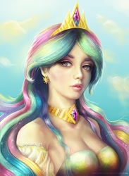 Size: 900x1232 | Tagged: safe, artist:indiron, princess celestia, human, beautiful, breasts, cleavage, earring, female, humanized, looking at you, majestic, necklace, portrait, princess breastia, realistic, solo, three quarter view