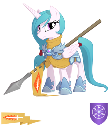 Size: 2500x2900 | Tagged: safe, artist:equestria-prevails, princess celestia, alicorn, pony, alternate hairstyle, armor, female, flag, mare, simple background, solo, spear, transparent background, warrior celestia, weapon, younger