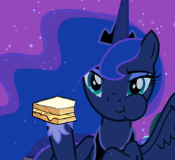 Size: 600x550 | Tagged: safe, edit, edited screencap, screencap, princess luna, alicorn, pony, luna eclipsed, cropped, eating, food, glorious grilled cheese, grilled cheese, puffy cheeks, sandwich, solo