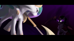 Size: 1024x576 | Tagged: dead source, safe, artist:zedrin, king sombra, princess celestia, alicorn, pony, unicorn, fall of the crystal empire, fight, weapon