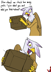 Size: 1316x1828 | Tagged: safe, derpibooru import, gilda, griffon, bipedal, cardboard box, comic, duo, female, fuck box, no fucks, open mouth, simple background, spider-man, vulgar, white background