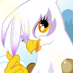 Size: 1050x1050 | Tagged: safe, artist:patulian.gray, artist:patuliangray, derpibooru import, gilda, griffon, bust, female, lens flare, looking at you, one eye closed, open mouth, solo, wink