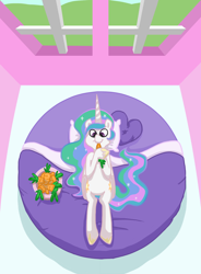 Size: 800x1086 | Tagged: safe, artist:coggler, princess celestia, alicorn, pony, bed, carrot, solo