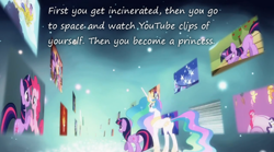 Size: 800x445 | Tagged: safe, edit, edited screencap, screencap, princess celestia, twilight sparkle, unicorn twilight, alicorn, pony, unicorn, magical mystery cure, duo, ethereal mane, female, insane pony thread, mare, princess celestia's special princess making dimension, void, youtube