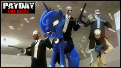 Size: 1366x768 | Tagged: safe, princess luna, alicorn, pony, wolf, chains, clown, dallas, gmod, gun, hoxton, lollipop, money, payday, payday the heist, payday: the heist, riding, robber