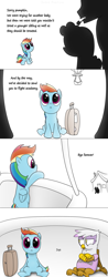 Size: 875x2240 | Tagged: safe, artist:thestoicmachine, derpibooru import, gilda, rainbow dash, griffon, pegasus, pony, comic, cub, filly, flight academy, hot air balloon, suitcase, that explains everything, twinkling balloon