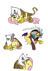 Size: 750x1100 | Tagged: safe, artist:mickeymonster, derpibooru import, discord, fluttershy, gilda, draconequus, griffon, pegasus, pony, and then discord was a man, crack shipping, cute, female, gildadorable, gildashy, lesbian, lesbian in front of boys, nuzzling, shipping, shyabetes