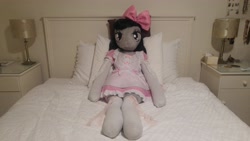 Size: 5312x2988 | Tagged: safe, artist:bigsexyplush, artist:somethingaboutoctavia, octavia melody, anthro, unguligrade anthro, anthro plushie, bed, bedroom eyes, bloomers, bow, clothes, costume, cute, doll, frilly, hooves, irl, lace, lacy, lolita fashion, outfit, photo, plushie, socks, socktavia, solo, thigh highs, thunder thighs, toy, wide hips