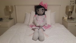 Size: 5312x2988 | Tagged: safe, artist:bigsexyplush, artist:somethingaboutoctavia, octavia melody, anthro, unguligrade anthro, anthro plushie, bed, bedroom eyes, bloomers, bow, clothes, costume, cute, doll, frilly, hooves, irl, lace, lacy, lolita fashion, outfit, photo, plushie, socks, socktavia, solo, thigh highs, thunder thighs, toy, wide hips