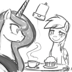 Size: 1280x1280 | Tagged: safe, artist:johnjoseco, derpy hooves, princess luna, alicorn, pegasus, pony, coffee, female, grayscale, lesbian, lunaderp, mare, monochrome, muffin, shipping, tea, underp