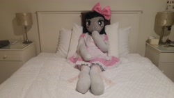 Size: 5312x2988 | Tagged: safe, artist:bigsexyplush, artist:somethingaboutoctavia, octavia melody, anthro, unguligrade anthro, anthro plushie, bed, bedroom eyes, bloomers, bow, clothes, costume, cute, doll, frilly, hooves, irl, lace, lacy, lolita fashion, outfit, photo, plushie, shocked, shocked expression, socks, socktavia, solo, startled, surprised, thigh highs, thunder thighs, toy, wide hips