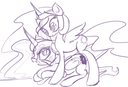 Size: 1280x872 | Tagged: source needed, safe, nightmare moon, princess celestia, alicorn, pony, sketch