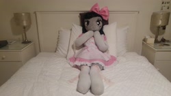 Size: 5312x2988 | Tagged: safe, artist:bigsexyplush, artist:somethingaboutoctavia, octavia melody, anthro, anthro plushie, bed, bedroom eyes, bloomers, bow, clothes, costume, cute, doll, frilly, hooves, irl, lace, lacy, lolita fashion, outfit, photo, plushie, shocked, shocked expression, socks, socktavia, solo, startled, surprised, thigh highs, thunder thighs, toy, wide hips