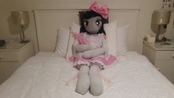 Size: 5312x2988 | Tagged: safe, artist:bigsexyplush, artist:somethingaboutoctavia, octavia melody, anthro, unguligrade anthro, anthro plushie, bed, bedroom eyes, bloomers, bow, clothes, costume, cute, doll, frilly, hooves, irl, lace, lacy, lolita fashion, outfit, photo, plushie, socks, socktavia, solo, thigh highs, thunder thighs, toy, umbrella, wide hips