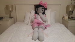 Size: 5312x2988 | Tagged: safe, artist:bigsexyplush, artist:somethingaboutoctavia, octavia melody, anthro, anthro plushie, bed, bedroom eyes, bloomers, bow, clothes, costume, cute, doll, frilly, hooves, irl, lace, lacy, lolita fashion, outfit, photo, plushie, shocked, shocked expression, skirt, socks, socktavia, solo, startled, surprised, thigh highs, thunder thighs, toy, upskirt, wide hips