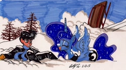 Size: 1614x896 | Tagged: safe, artist:newyorkx3, princess luna, human, self insert, sleigh, snow, traditional art, winter