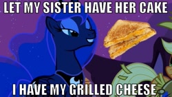 Size: 667x375 | Tagged: safe, edit, edited screencap, screencap, princess luna, alicorn, pony, luna eclipsed, clothes, costume, duo, glorious grilled cheese, grilled cheese, image macro, nightmare night costume, sandwich, scarecrow, solo focus