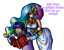 Size: 1252x971 | Tagged: safe, artist:darkone10, dusk shine, princess celestia, twilight sparkle, breasts, dialogue, female, humanized, princess breastia, rule 63