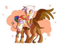 Size: 1333x1025 | Tagged: safe, artist:haute-claire, derpibooru import, gilda, oc, oc:rainbow feather, griffon, hippogriff, bipedal, cute, female, interspecies offspring, magical lesbian spawn, mother and child, mother and daughter, offspring, one eye closed, open mouth, parent and child, parent:gilda, parent:rainbow dash, parents:gildash, ponytail, smiling, spread wings, wink